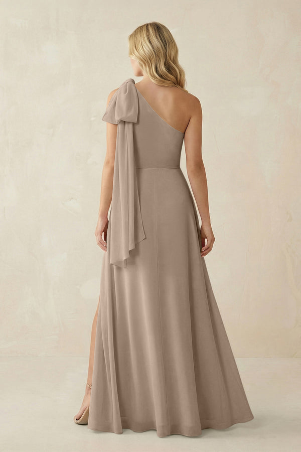Almond Ruffled One Shoulder Chiffon Bridesmaid Dress With Slit in Almond (2) | KISSBRIDAL