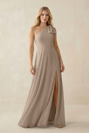 Almond Ruffled One Shoulder Chiffon Bridesmaid Dress With Slit in Almond | KISSBRIDAL