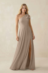 Almond Ruffled One Shoulder Chiffon Bridesmaid Dress With Slit in Almond | KISSBRIDAL