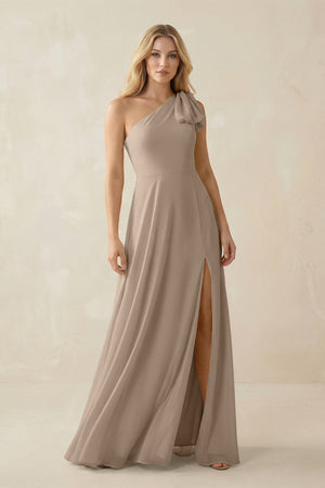 Almond Ruffled One Shoulder Chiffon Bridesmaid Dress With Slit in Almond | KISSBRIDAL
