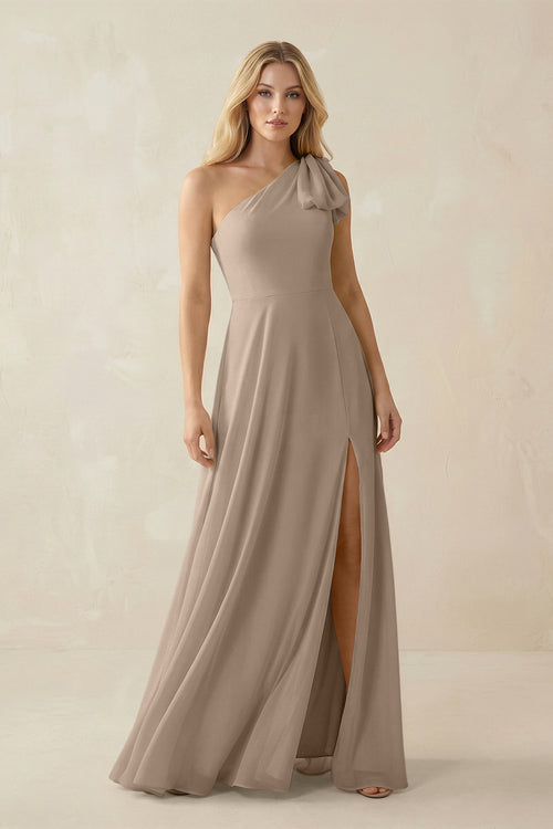 Almond Ruffled One Shoulder Chiffon Bridesmaid Dress With Slit in Almond | KISSBRIDAL