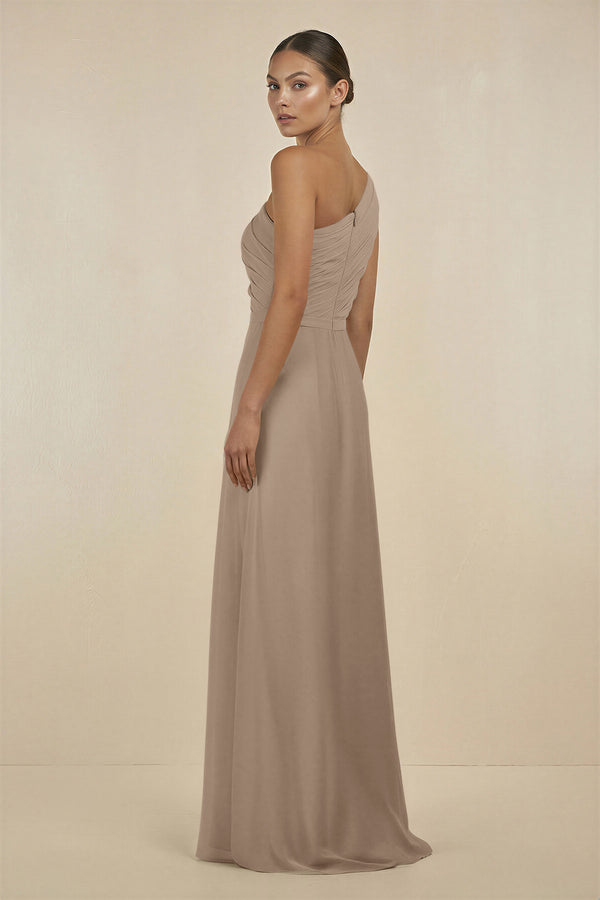 Almond Ruffled One-Shoulder Pleated Sheath Bridesmaid Dress (2) | KISSBRIDAL