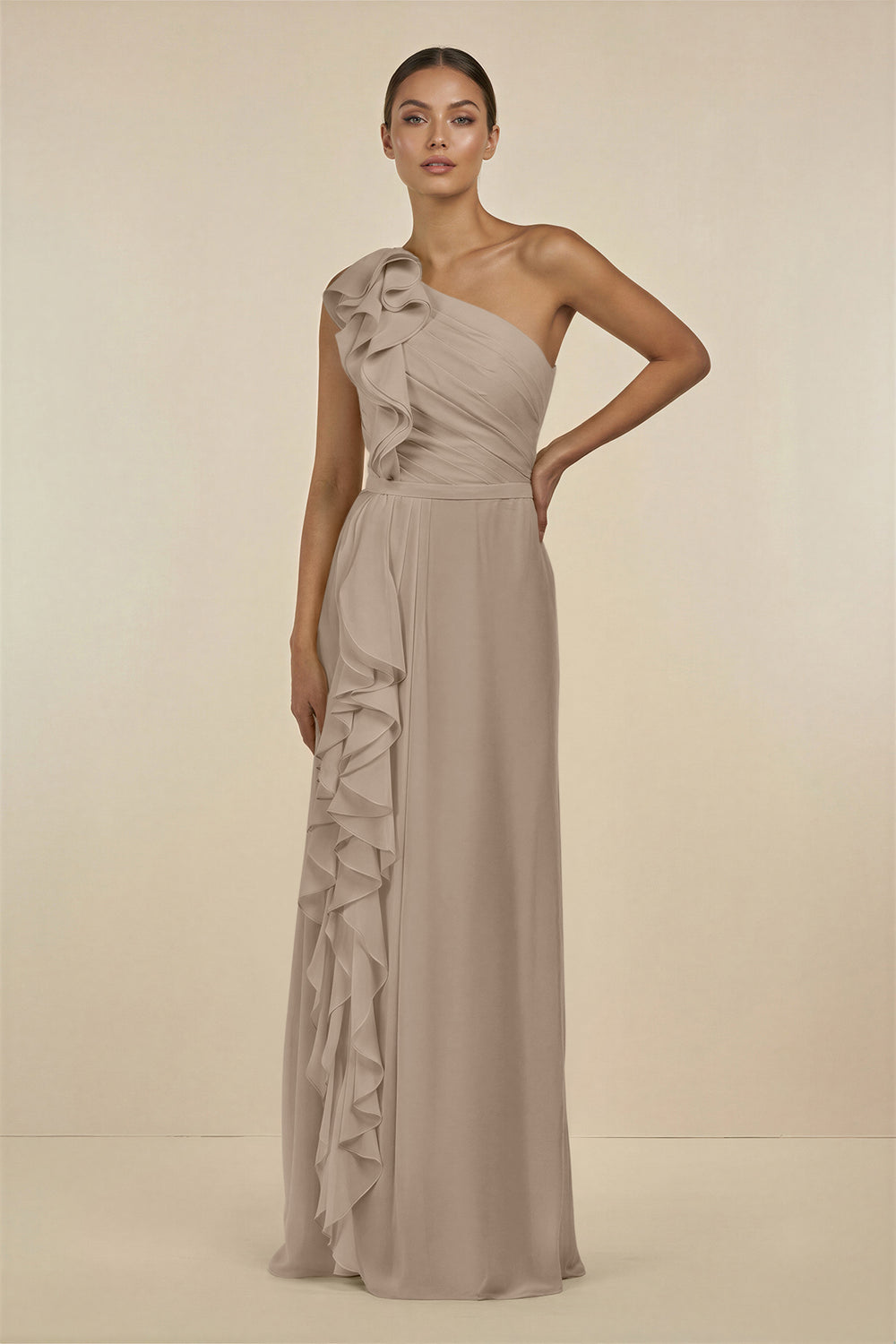 Ruffled One-Shoulder Pleated Sheath Bridesmaid Dress in Almond