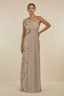 Almond Ruffled One-Shoulder Pleated Sheath Bridesmaid Dress | KISSBRIDAL
