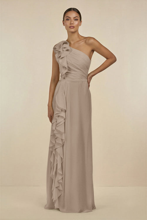 Almond Ruffled One-Shoulder Pleated Sheath Bridesmaid Dress | KISSBRIDAL