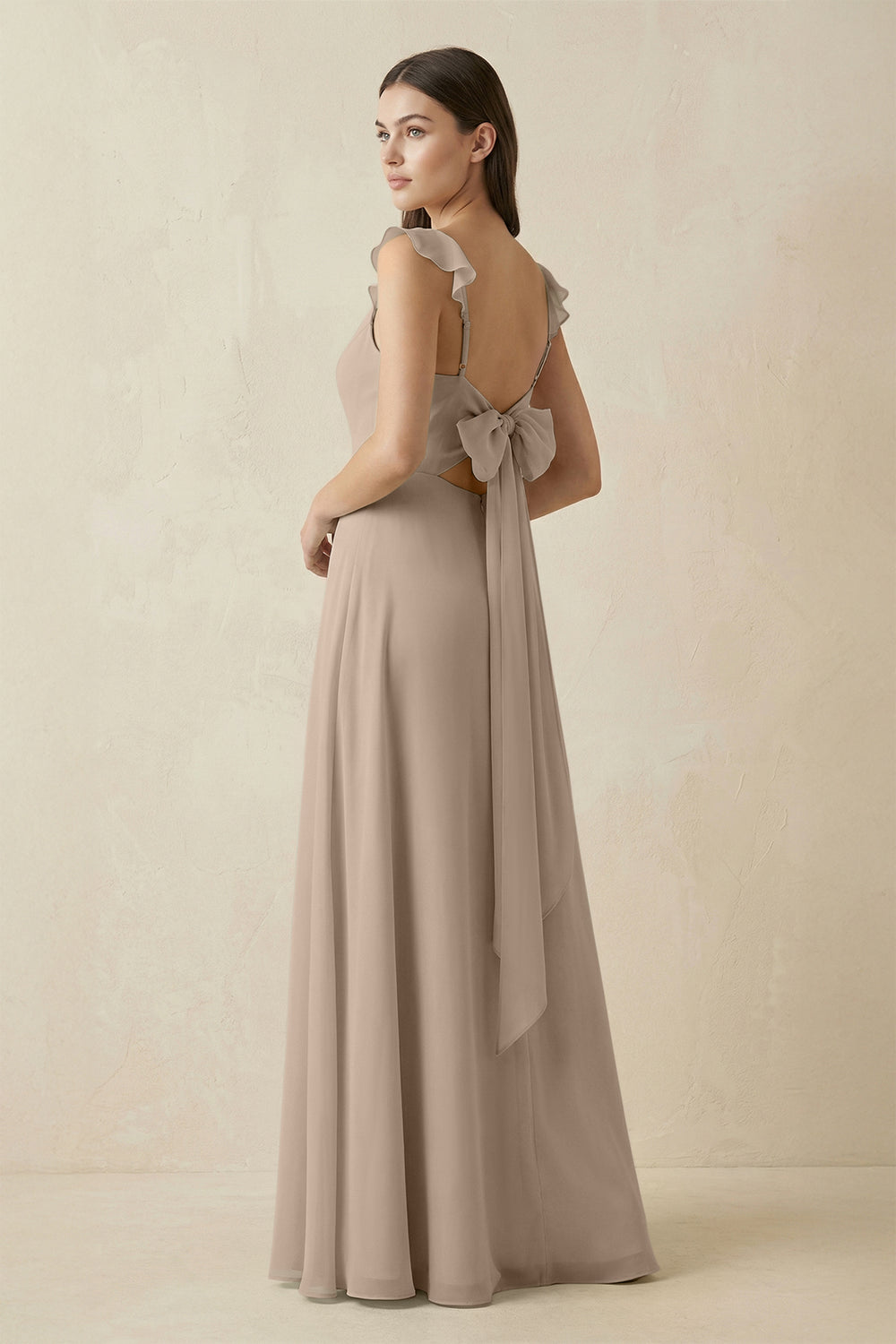 Ruffled Sleeve A-Line Chiffon Bridesmaid Dress in Almond
