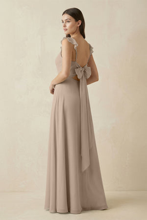 Almond Ruffled Sleeve A-Line Chiffon Bridesmaid Dress (2) | KISSBRIDAL
