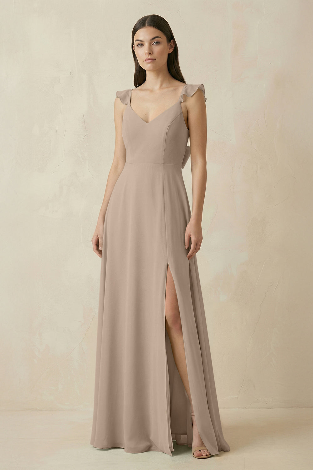 Ruffled Sleeve A-Line Chiffon Bridesmaid Dress in Almond