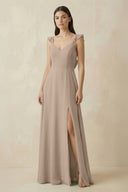 Almond Ruffled Sleeve A-Line Chiffon Bridesmaid Dress | KISSBRIDAL