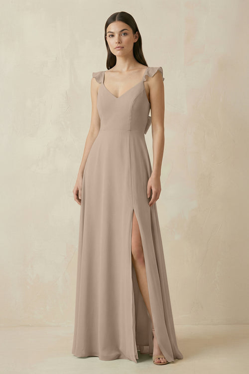 Almond Ruffled Sleeve A-Line Chiffon Bridesmaid Dress | KISSBRIDAL