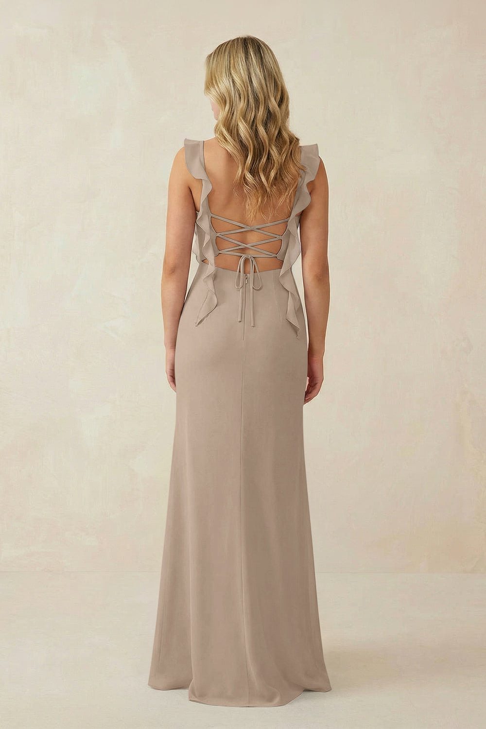 Ruffled Sleeve Ruched Sheath Chiffon Bridesmaid Dress in Almond