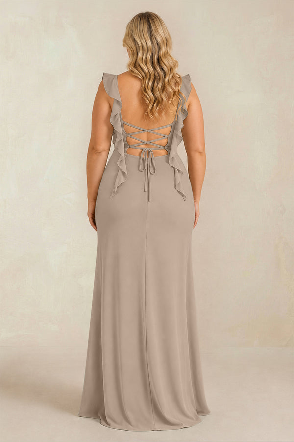 Almond Ruffled Sleeve Ruched Sheath Chiffon Bridesmaid Dress (2) [sizeplus] | KISSBRIDAL