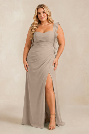 Almond Ruffled Sleeve Ruched Sheath Chiffon Bridesmaid Dress [sizeplus] | KISSBRIDAL