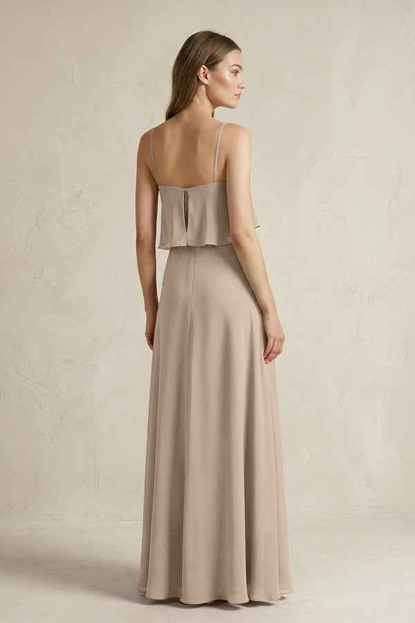 Almond Ruffled Spaghetti Strap A-Line Chiffon Bridesmaid Dress in Almond (2) | KISSBRIDAL