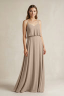 Almond Ruffled Spaghetti Strap A-Line Chiffon Bridesmaid Dress in Almond | KISSBRIDAL