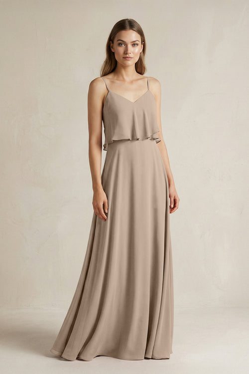 Almond Ruffled Spaghetti Strap A-Line Chiffon Bridesmaid Dress in Almond | KISSBRIDAL