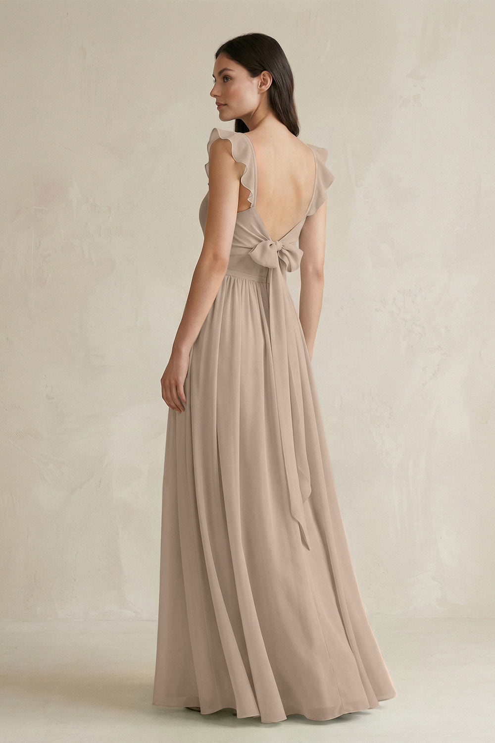 Ruffled Spaghetti Strap Chiffon A-Line Bridesmaid Dress in Almond