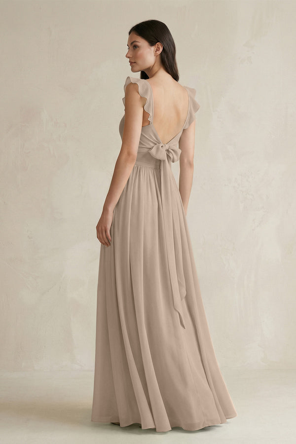 Almond Ruffled Spaghetti Strap Chiffon A-Line Bridesmaid Dress (2) | KISSBRIDAL