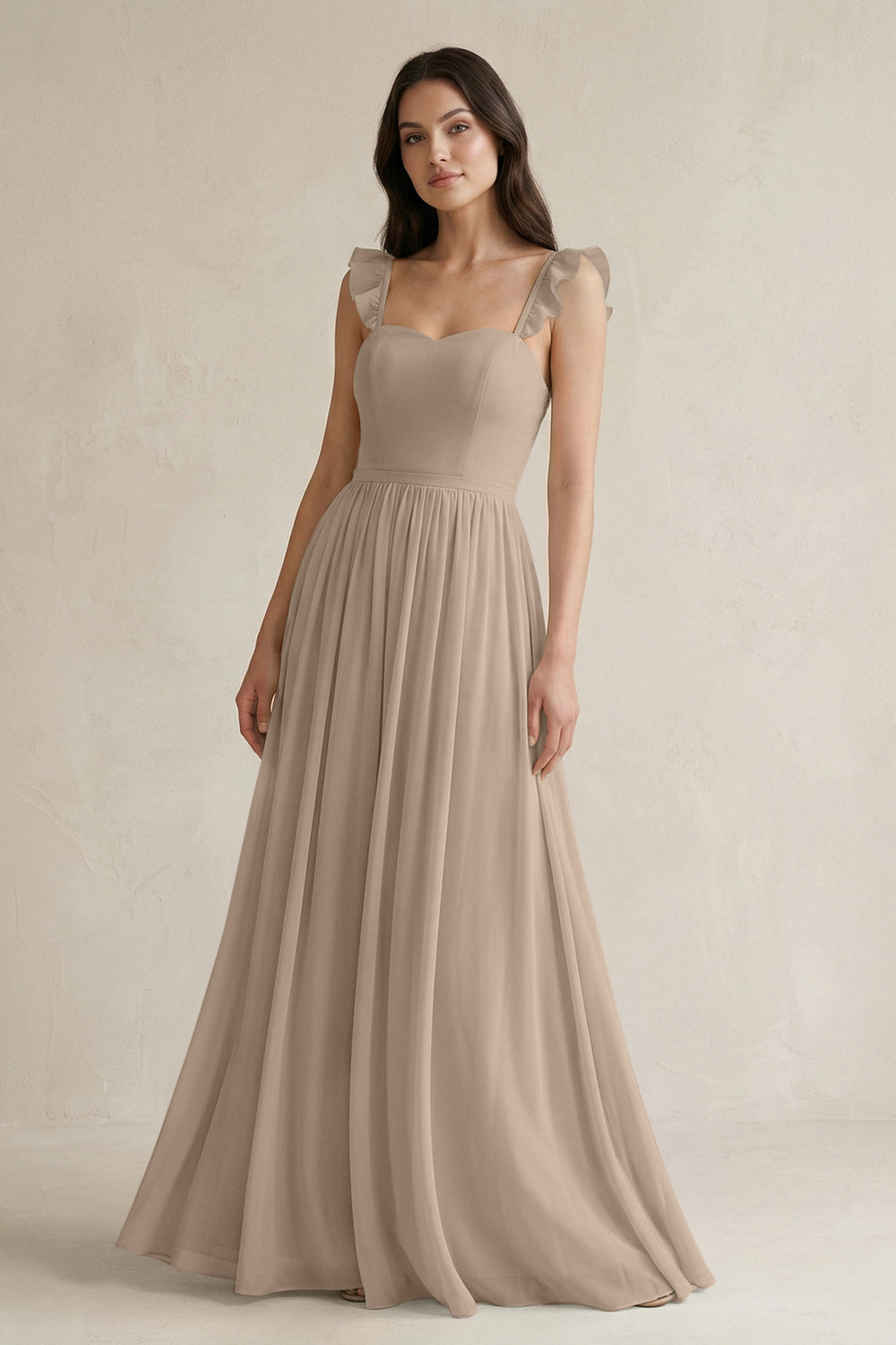 Ruffled Spaghetti Strap Chiffon A-Line Bridesmaid Dress in Almond