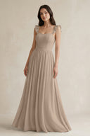 Almond Ruffled Spaghetti Strap Chiffon A-Line Bridesmaid Dress | KISSBRIDAL