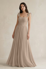 Almond Ruffled Spaghetti Strap Chiffon A-Line Bridesmaid Dress | KISSBRIDAL