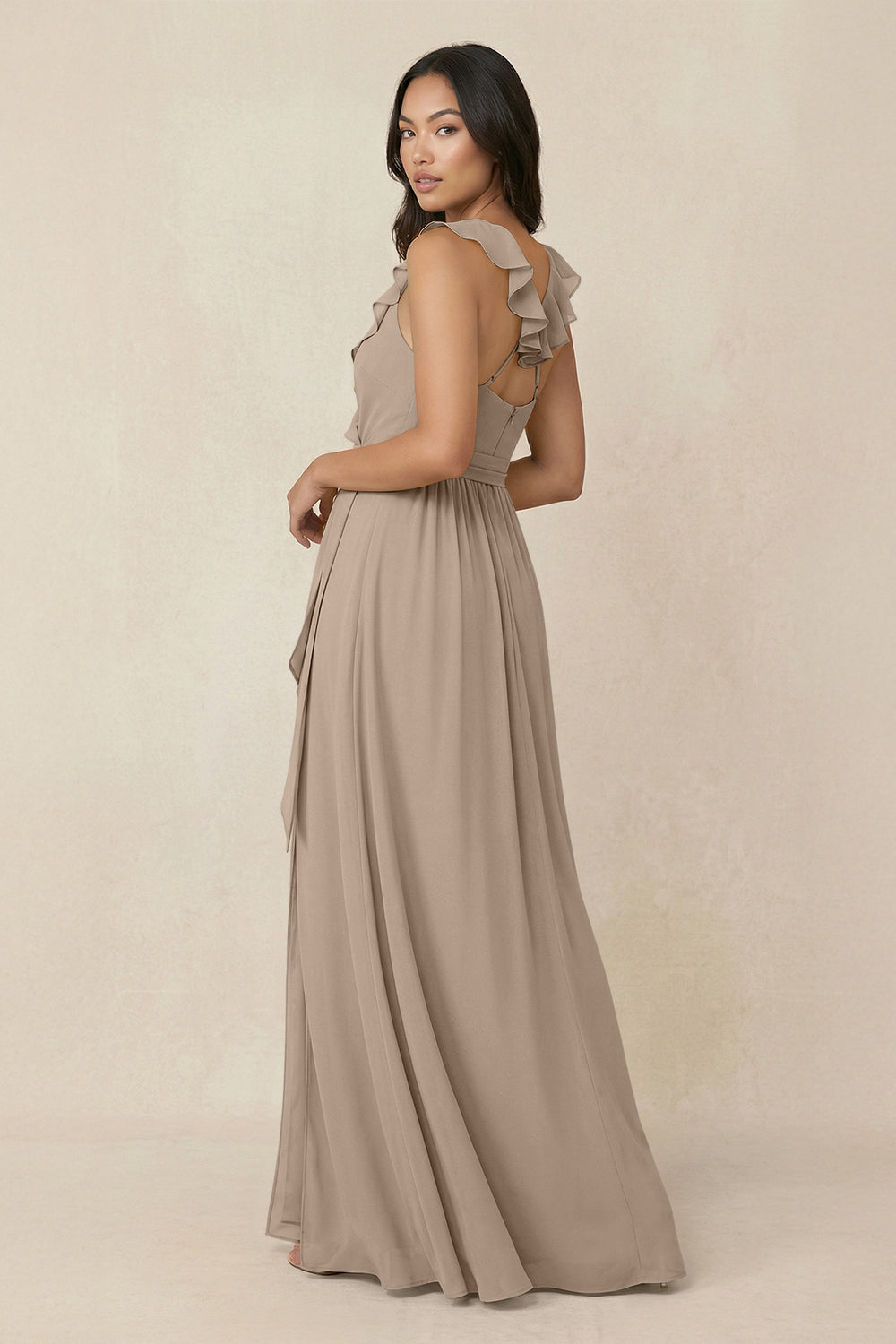 Ruffled V-Neck A-Line Chiffon Bridesmaid Dress in Almond