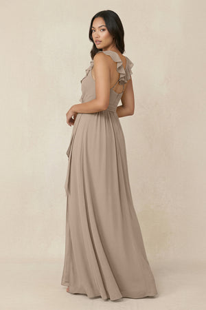 Almond Ruffled V-Neck A-Line Chiffon Bridesmaid Dress (2) | KISSBRIDAL
