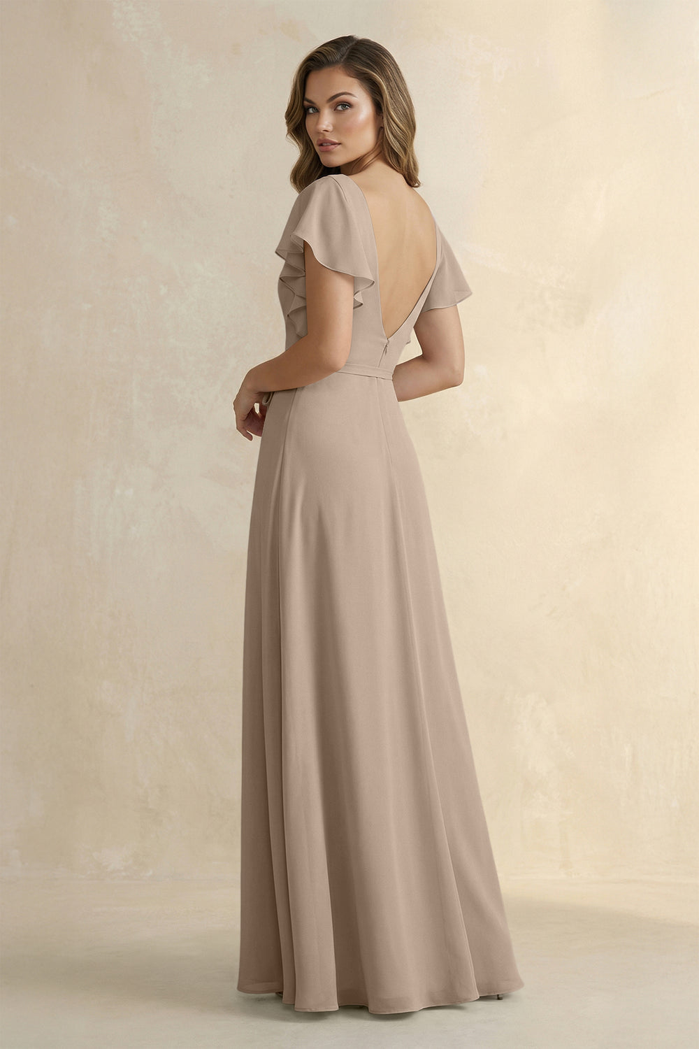 Ruffled V-Neck Chiffon A-Line Bridesmaid Dress in Almond