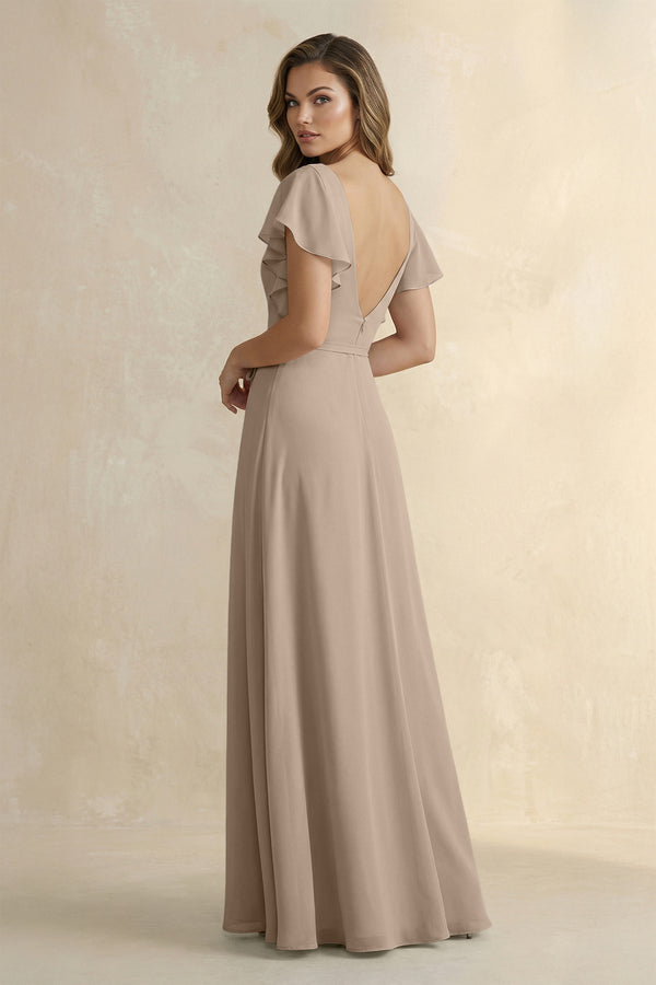 Almond Ruffled V-Neck Chiffon A-Line Bridesmaid Dress (2) | KISSBRIDAL