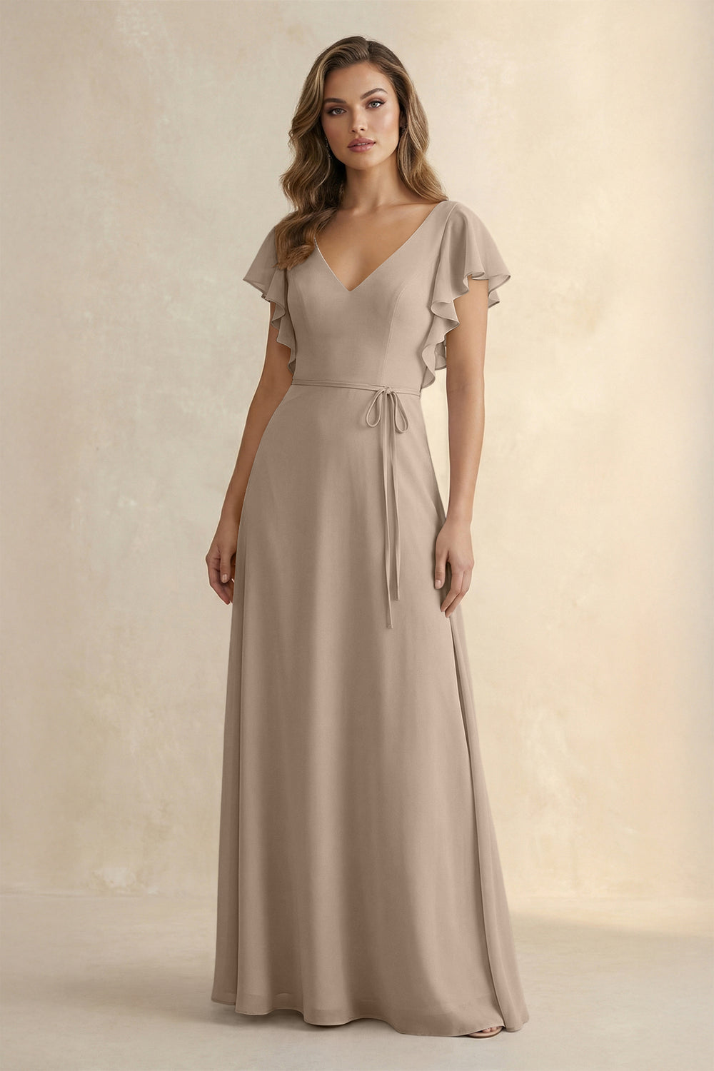 Ruffled V-Neck Chiffon A-Line Bridesmaid Dress in Almond