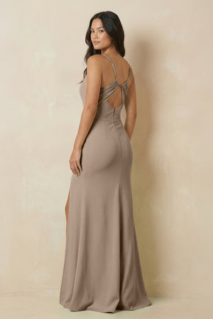 Almond Sheath Cami Strap Chiffon Bridesmaid Dress with Slit (2) | KISSBRIDAL