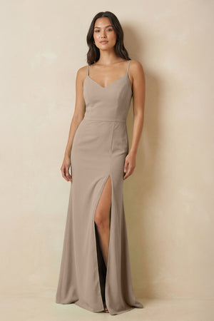 Almond Sheath Cami Strap Chiffon Bridesmaid Dress with Slit | KISSBRIDAL
