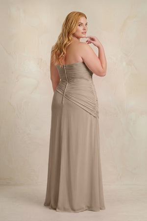 Almond Sheath Chiffon Strapless Pleated Bridesmaid Dress (2) [sizeplus] | KISSBRIDAL