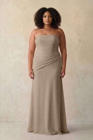 Almond Sheath Chiffon Strapless Pleated Bridesmaid Dress (3) [sizeplus] | KISSBRIDAL