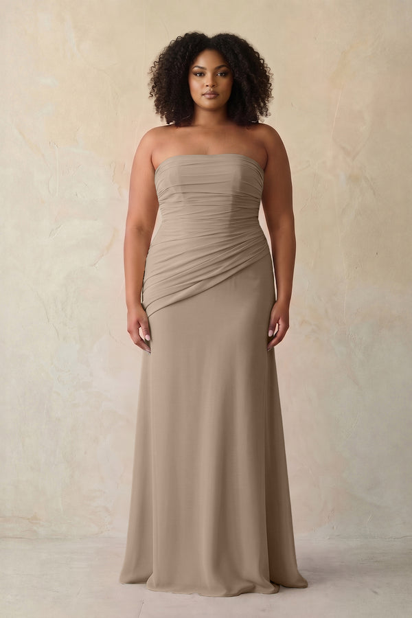 Almond Sheath Chiffon Strapless Pleated Bridesmaid Dress (3) [sizeplus] | KISSBRIDAL