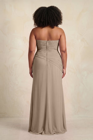 Almond Sheath Chiffon Strapless Pleated Bridesmaid Dress (4) [sizeplus] | KISSBRIDAL