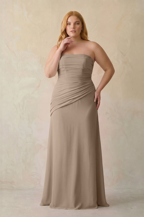 Almond Sheath Chiffon Strapless Pleated Bridesmaid Dress [sizeplus] | KISSBRIDAL