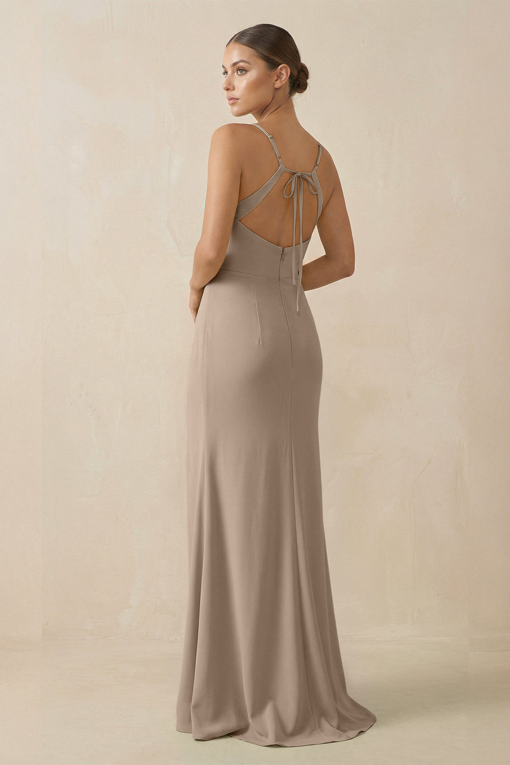 Sheath Spaghetti Straps Chiffon Long Bridesmaid Dress in Almond