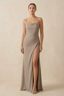 Almond Sheath Spaghetti Straps Chiffon Long Bridesmaid Dress | KISSBRIDAL