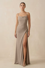Almond Sheath Spaghetti Straps Chiffon Long Bridesmaid Dress | KISSBRIDAL