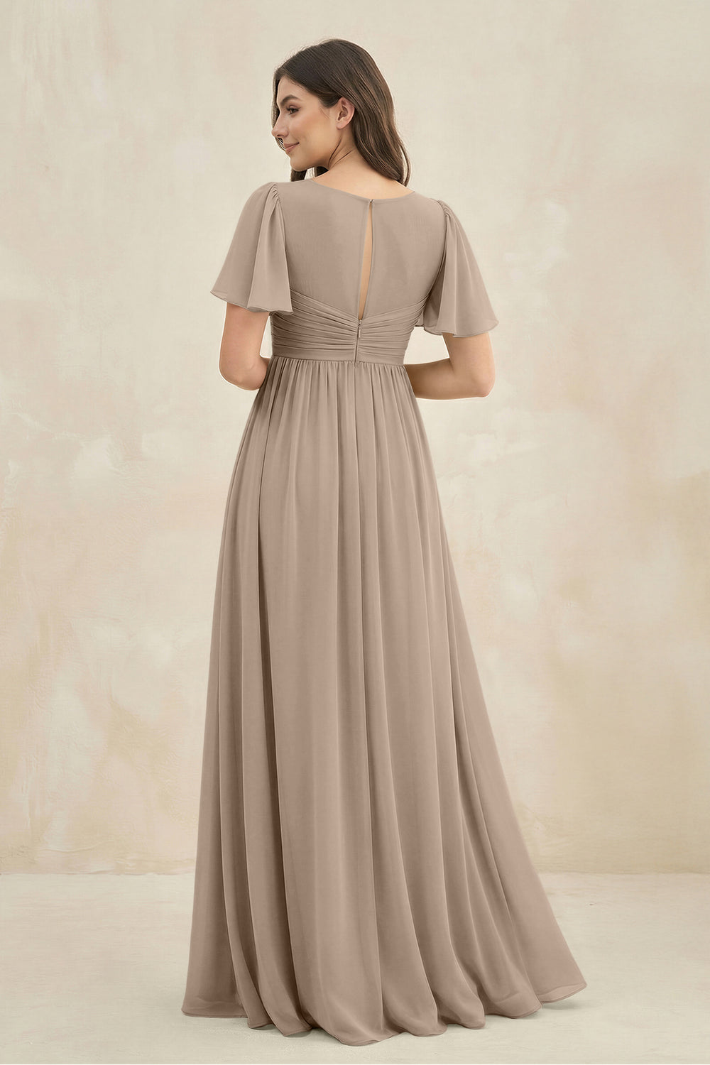 Short Sleeve Chiffon V-Neck A-Line Bridesmaid Dress in Almond
