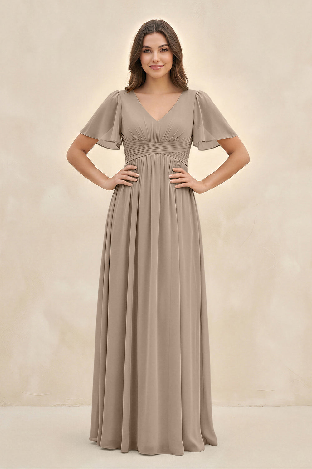Short Sleeve Chiffon V-Neck A-Line Bridesmaid Dress in Almond