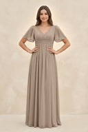 Almond Short Sleeve Chiffon V-Neck A-Line Bridesmaid Dress | KISSBRIDAL