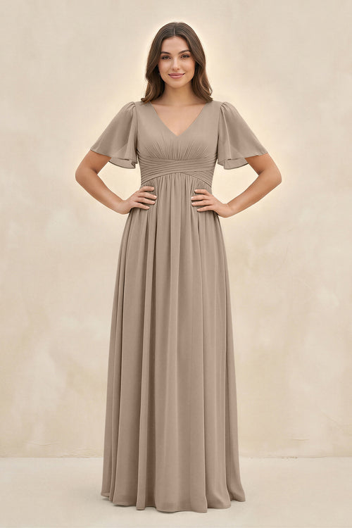 Almond Short Sleeve Chiffon V-Neck A-Line Bridesmaid Dress | KISSBRIDAL
