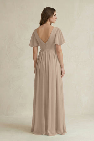 Almond Short Sleeve V-Neck A-Line Chiffon Bridesmaid Dress (2) | KISSBRIDAL
