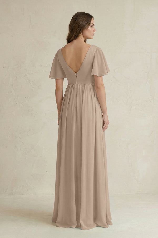 Almond Short Sleeve V-Neck A-Line Chiffon Bridesmaid Dress (2) | KISSBRIDAL