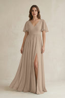 Almond Short Sleeve V-Neck A-Line Chiffon Bridesmaid Dress | KISSBRIDAL