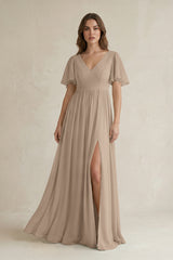 Almond Short Sleeve V-Neck A-Line Chiffon Bridesmaid Dress | KISSBRIDAL
