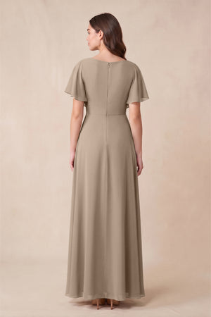 Almond Short Sleeves Bateau A-Line Chiffon Bridesmaid Dress (2) | KISSBRIDAL