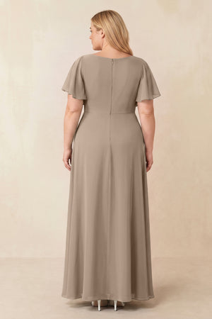 Almond Short Sleeves Bateau A-Line Chiffon Bridesmaid Dress (2) [sizeplus] | KISSBRIDAL